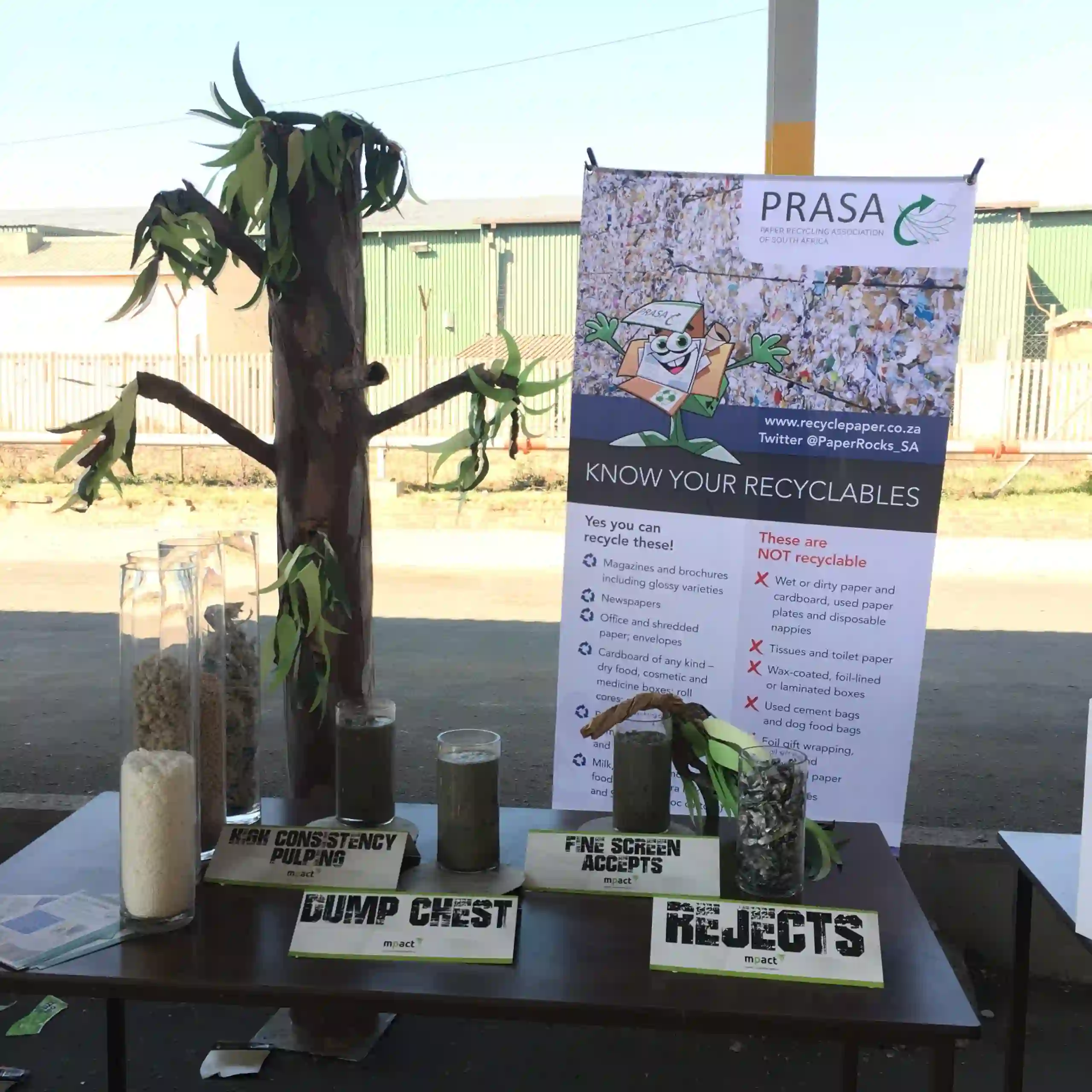 prasa_recycling_education_display Examples of the pulp and rejects from the liquid packaging recycling process.