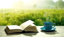Steaming Coffee & Open Book at Sunrise