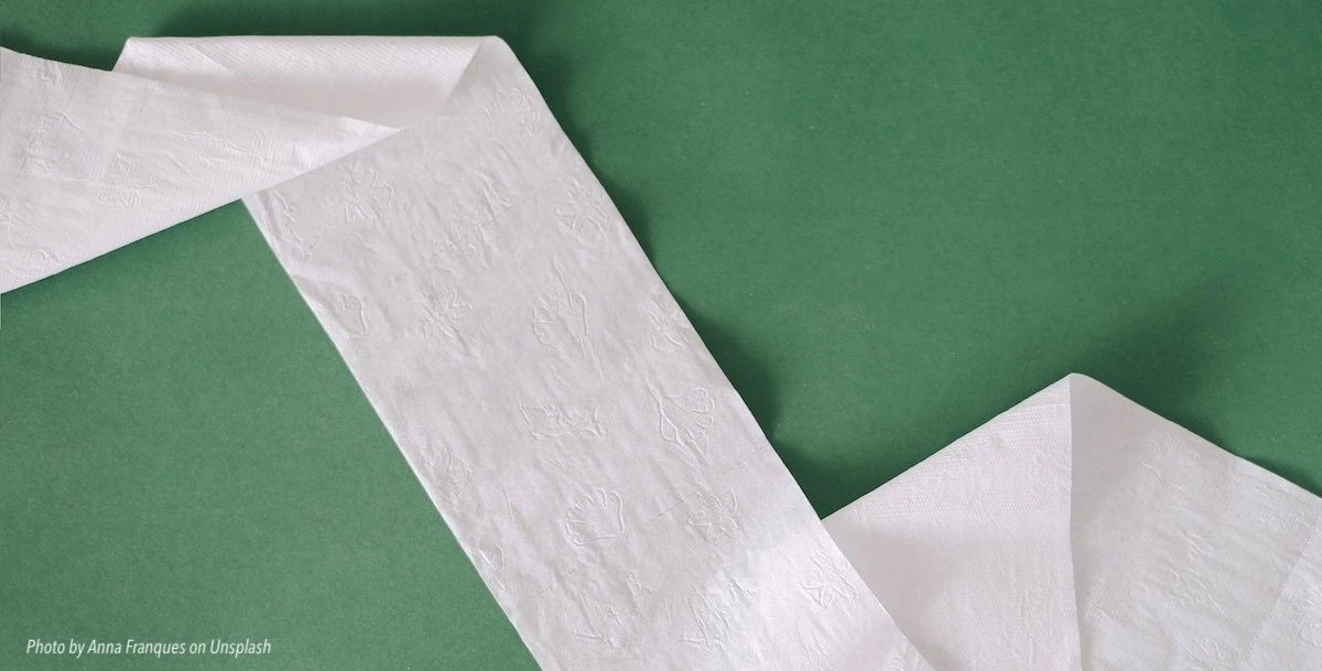 toilet paper roll unrolled on green background