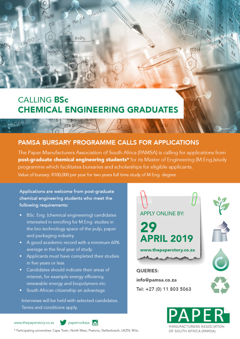 Pulp and paper industry opens applications for its Master of Engineering bursary programme
