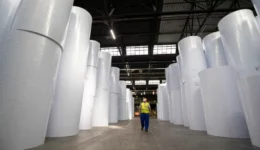 Worker standing between rows of paper reels produced at the Merebank paper mill.