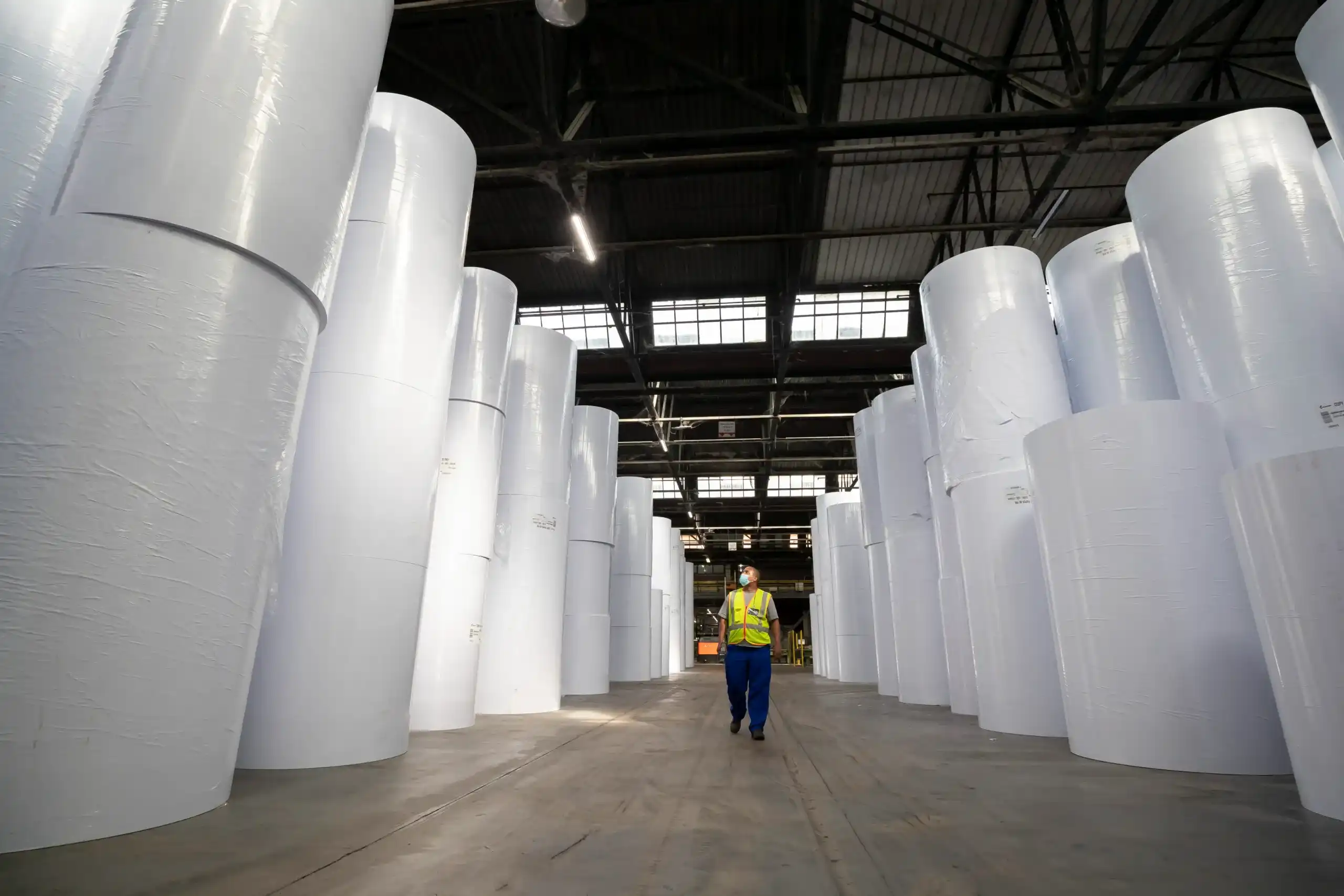 Worker standing between rows of paper reels produced at the Merebank paper mill.