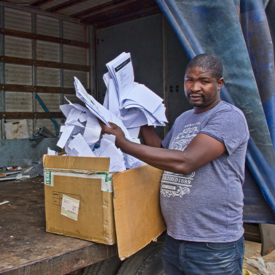 Siphamandla Ntshangase runs a business in the Northern Cape collecting recyclables. White paper is like gold for the recycling industry, as its fibres are “new” and is a staple ingredient for tissue products.