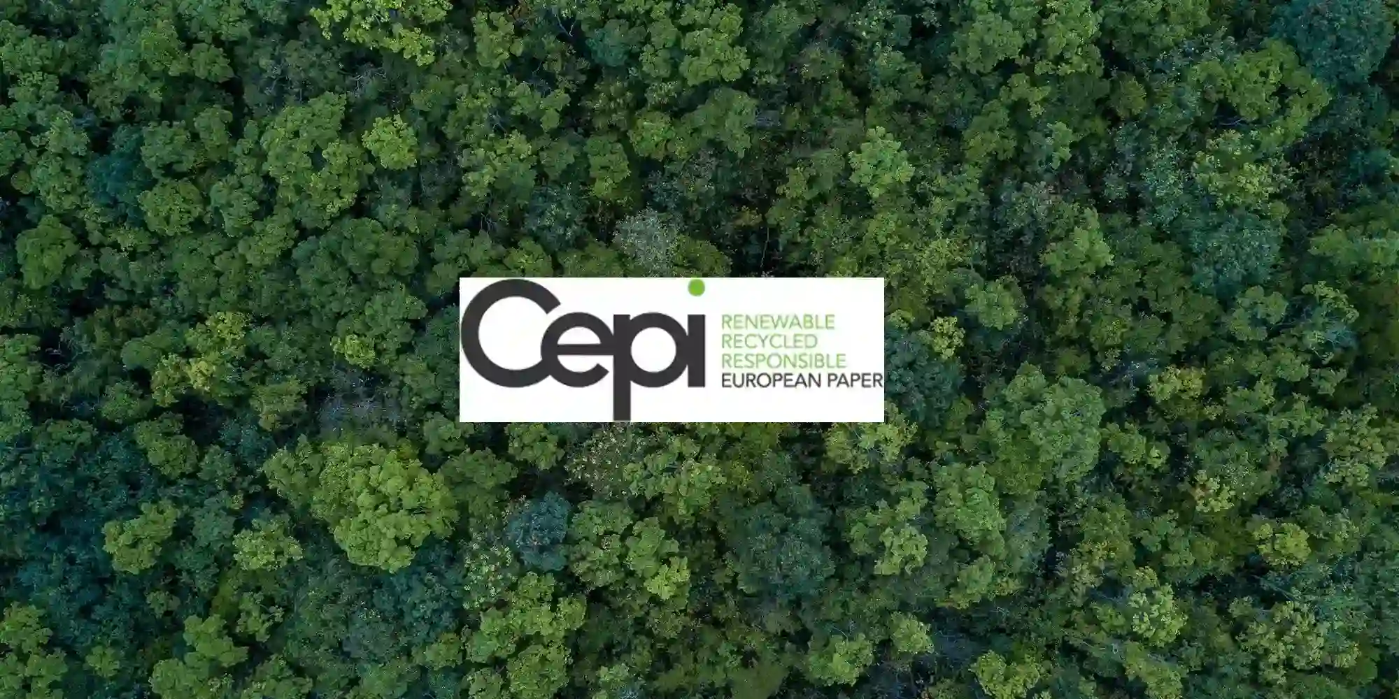 Cepi renewable, recycled, responsible, European paper logo with a top-down view of a green forest.