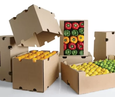 Cardboard boxes containing various fruit and food products.