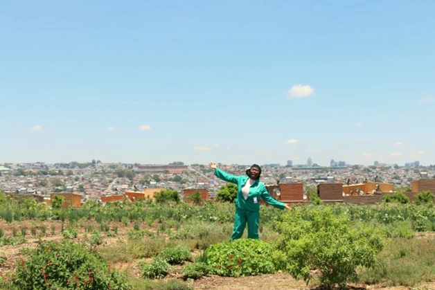 Mam Vi in her garden in Alexandra with the township of Alexandra behind her and the Sandton skyline on the Mam Vi in her garden in Alexandra with the township of Alexandra behind her and the Sandton skyline on the horizon