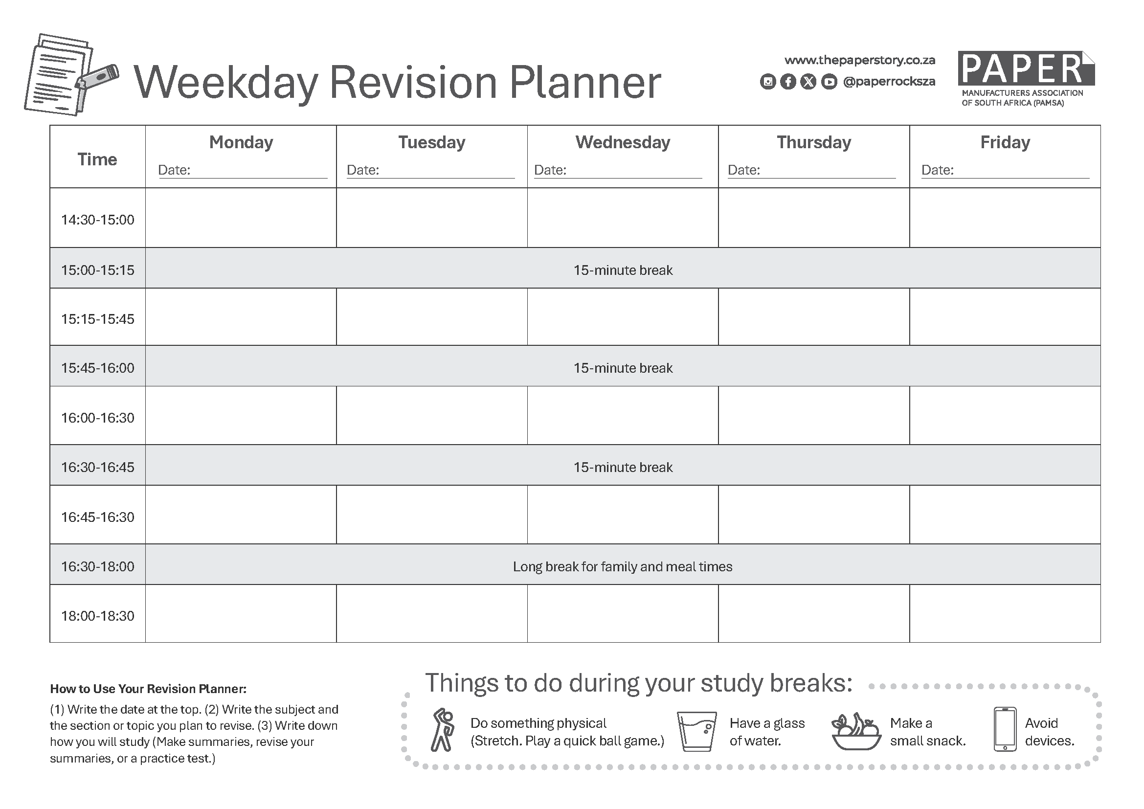253965 PAMSA Exam Printables_Weekday revision planner
