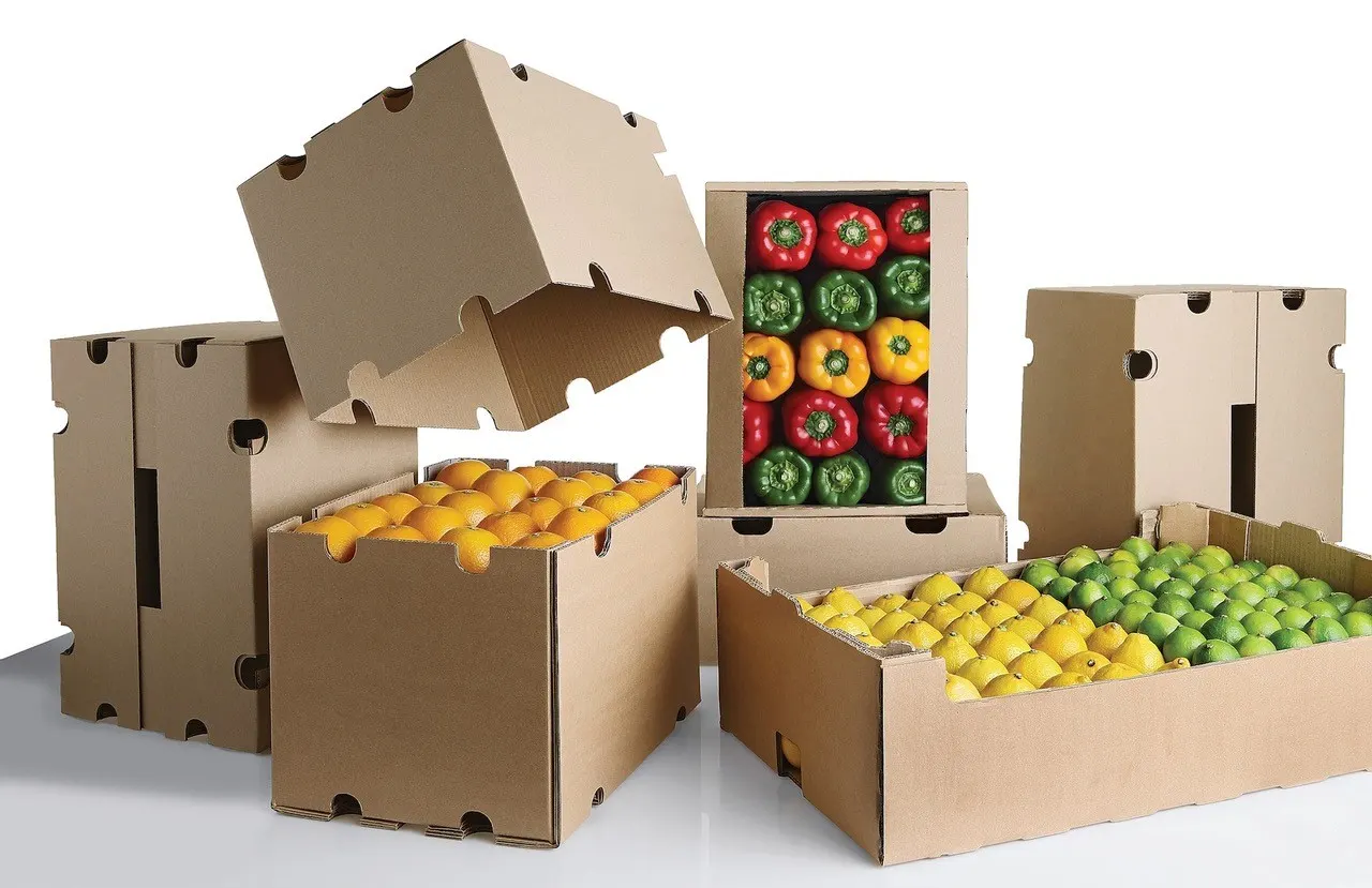 cardboard produce boxes with fruits and peppers