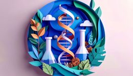 Circular paper-art style illustration of a DNA helix between two lab flasks with leaves and clouds, symbolizing biology and chemistry.