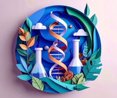 Circular paper-art style illustration of a DNA helix between two lab flasks with leaves and clouds, symbolizing biology and chemistry.