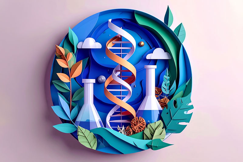 Circular paper-art style illustration of a DNA helix between two lab flasks with leaves and clouds, symbolizing biology and chemistry.
